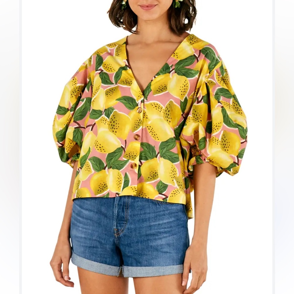 Farm Rio Fresh Lemons 100% Cotton Button Front Puff Sleeve Blouse
